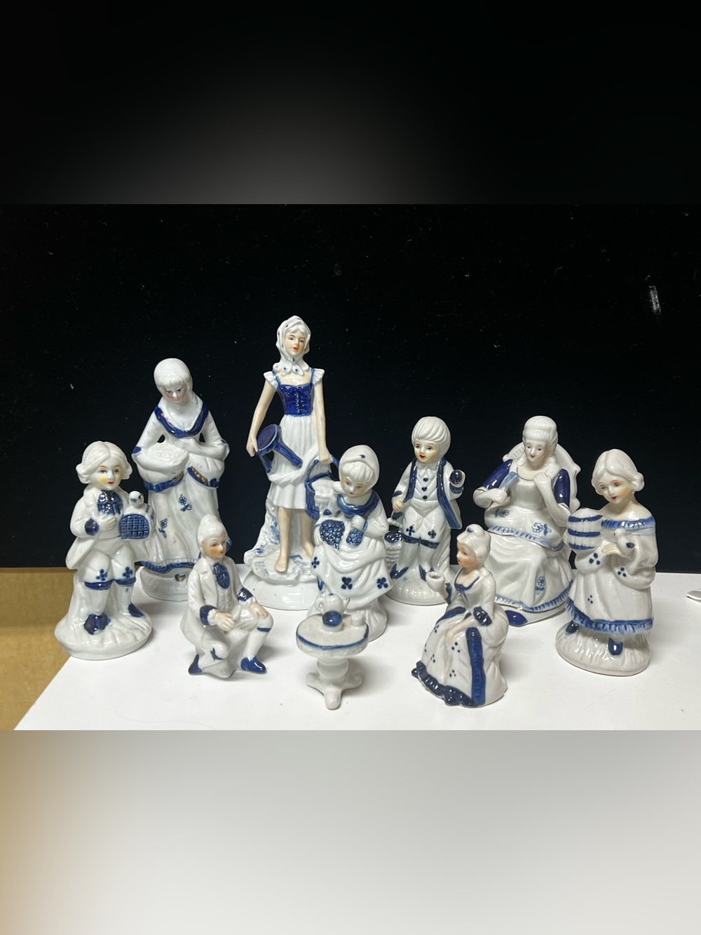 Set of 10 Vintage Victorian Porcelain Figurines Blue & White